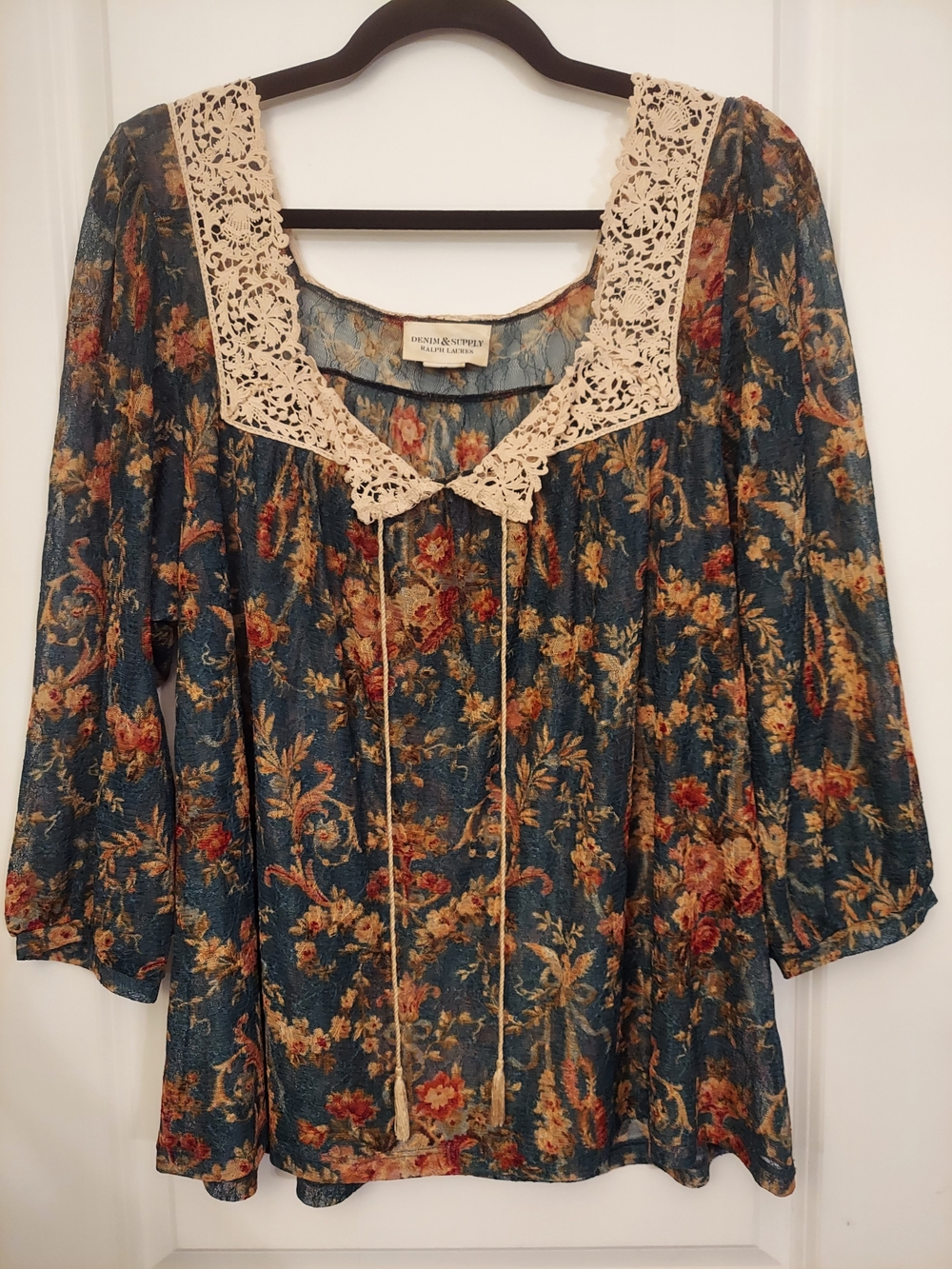Denim & Supply Ralph Lauren Blue Floral Lace-Trim Peasant Tunic Large